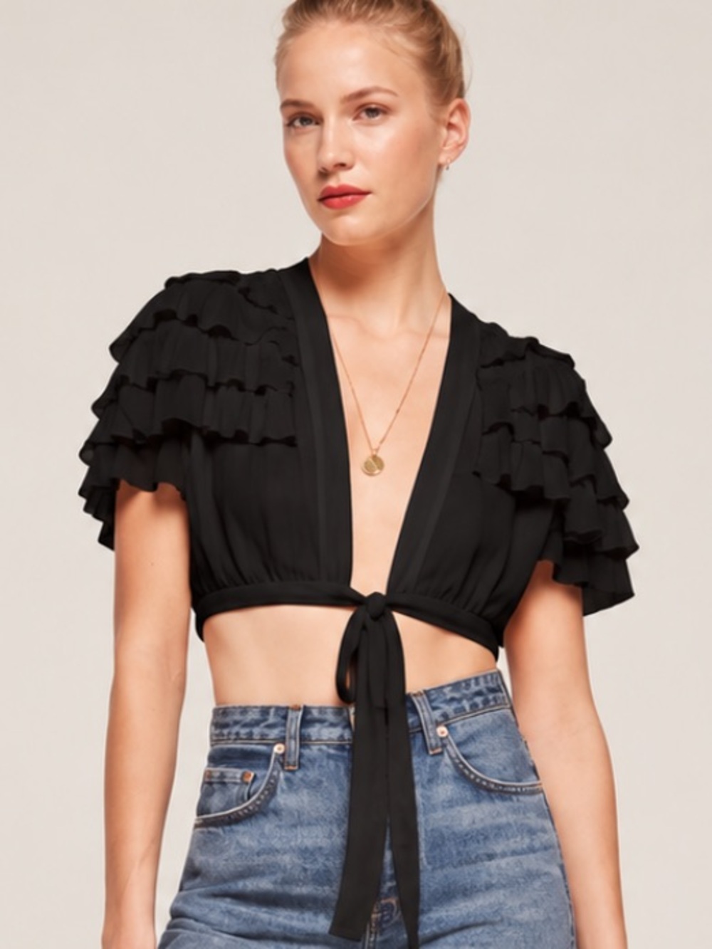 Reformation Rosedale Black Ruffle Tie Front Blouse Size Small NWT